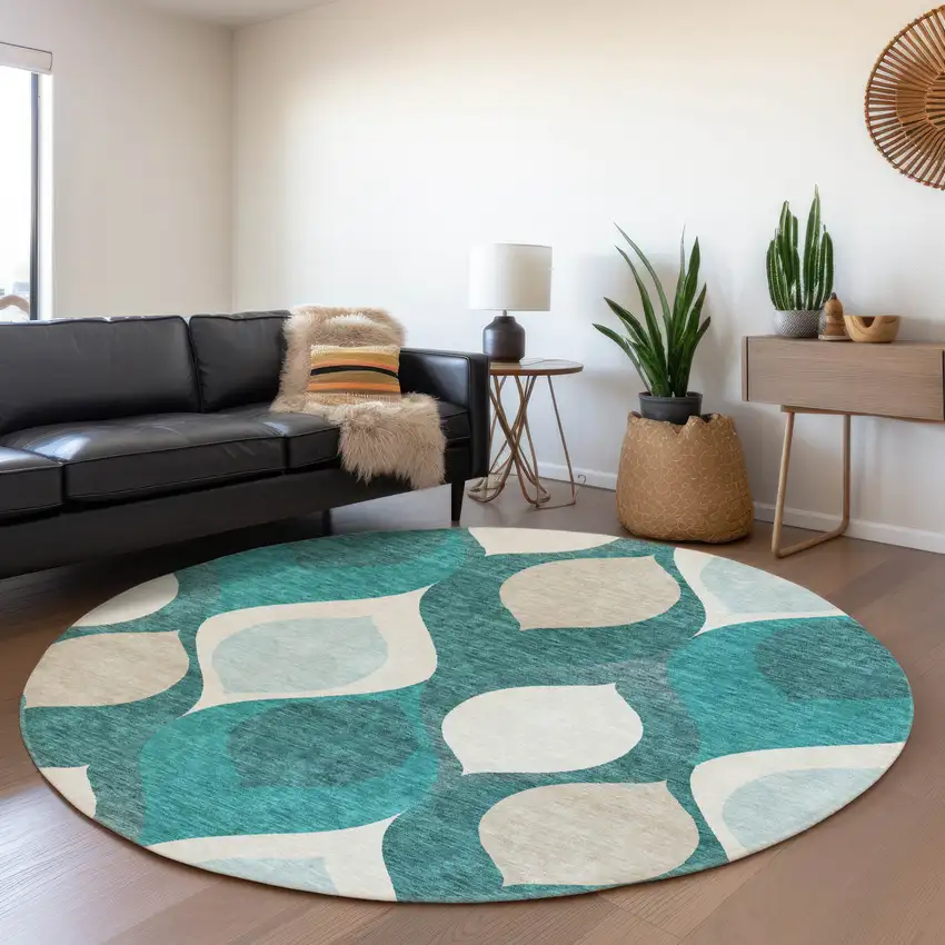 8' Teal Blue Sky Blue And Ivory Round Ogee Washable Indoor Outdoor Area Rug Photo 7