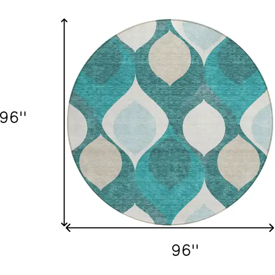 8' Teal Blue Sky Blue And Ivory Round Ogee Washable Indoor Outdoor Area Rug Photo 8
