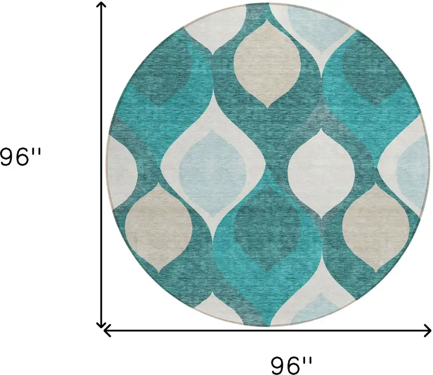 8' Teal Blue Sky Blue And Ivory Round Ogee Washable Indoor Outdoor Area Rug Photo 8
