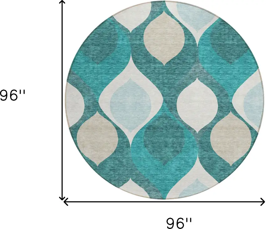 8' Teal Blue Sky Blue And Ivory Round Ogee Washable Indoor Outdoor Area Rug Photo 8