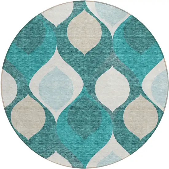 8' Teal Blue Sky Blue And Ivory Round Ogee Washable Indoor Outdoor Area Rug Photo 1