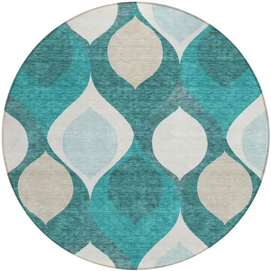 8' Teal Blue Sky Blue And Ivory Round Ogee Washable Indoor Outdoor Area Rug Photo 1