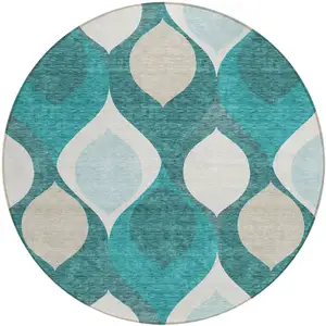 Photo of 8' Teal Blue Sky Blue And Ivory Round Ogee Washable Indoor Outdoor Area Rug
