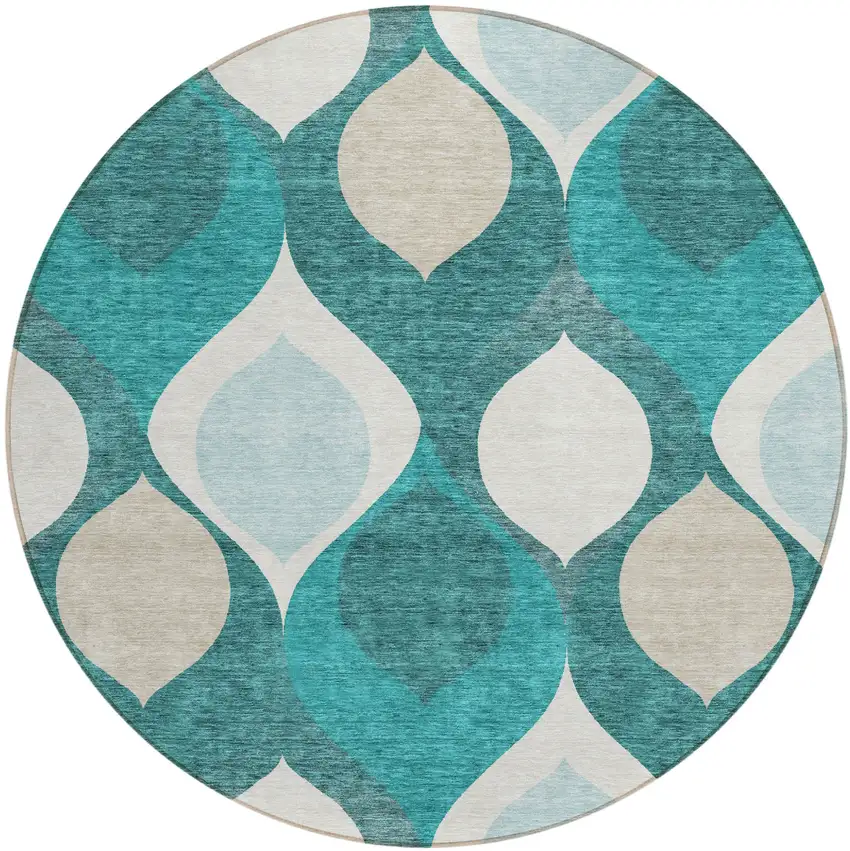 8' Teal Blue Sky Blue And Ivory Round Ogee Washable Indoor Outdoor Area Rug Photo 1
