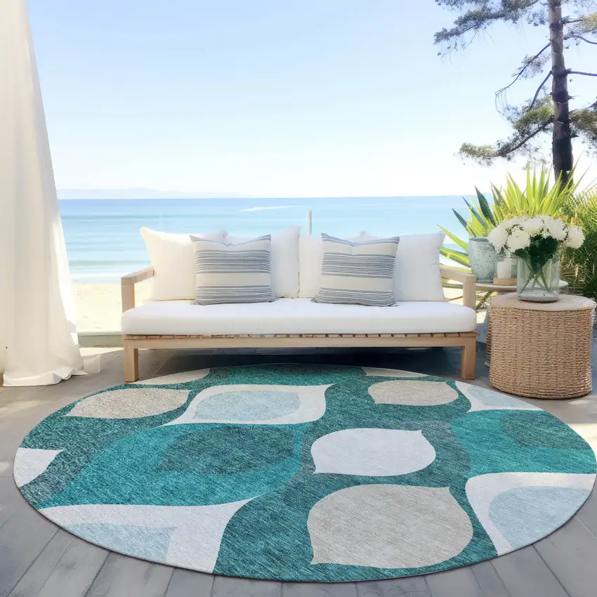 8' Teal Blue Sky Blue And Ivory Round Ogee Washable Indoor Outdoor Area Rug Photo 6