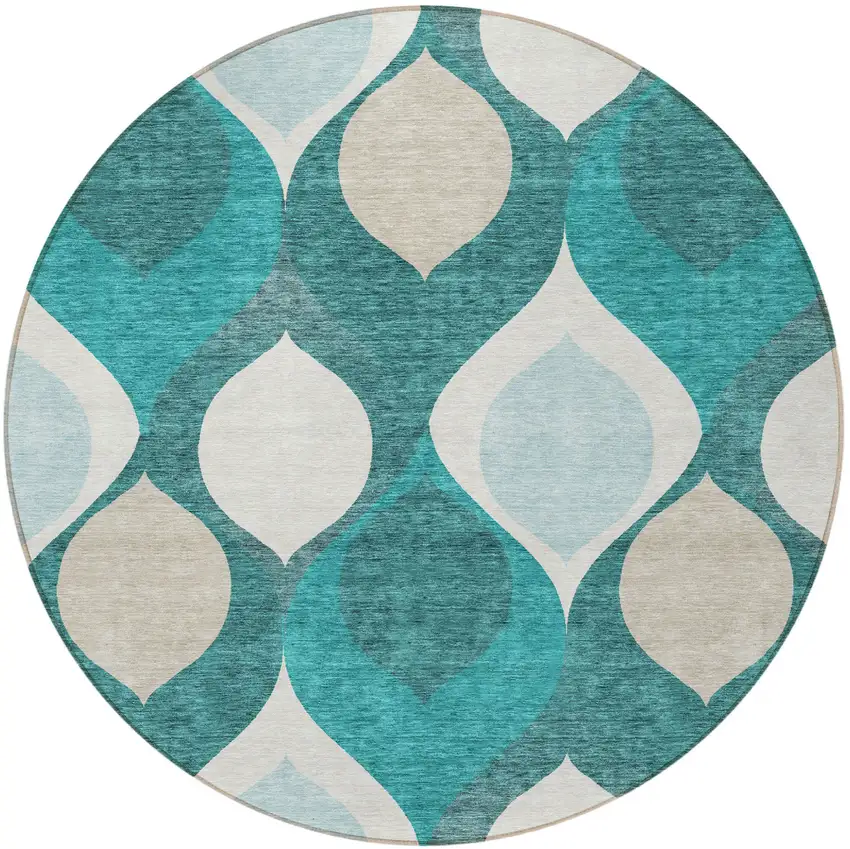 8' Teal Blue Sky Blue And Ivory Round Ogee Washable Indoor Outdoor Area Rug Photo 5