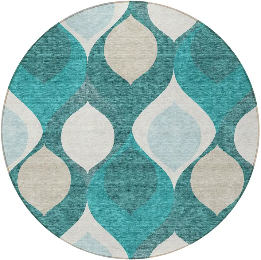 8' Teal Blue Sky Blue And Ivory Round Ogee Washable Indoor Outdoor Area Rug Photo 5