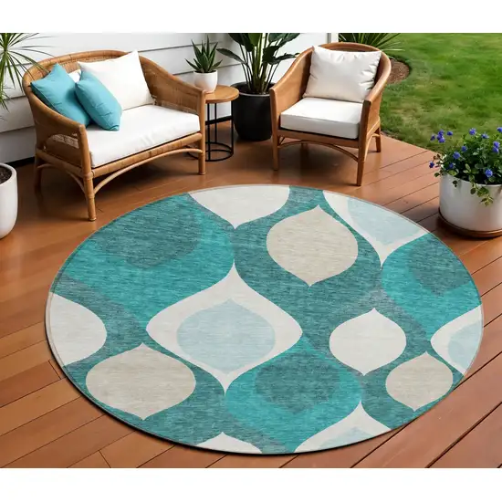 8' Teal Blue Sky Blue And Ivory Round Ogee Washable Indoor Outdoor Area Rug Photo 1