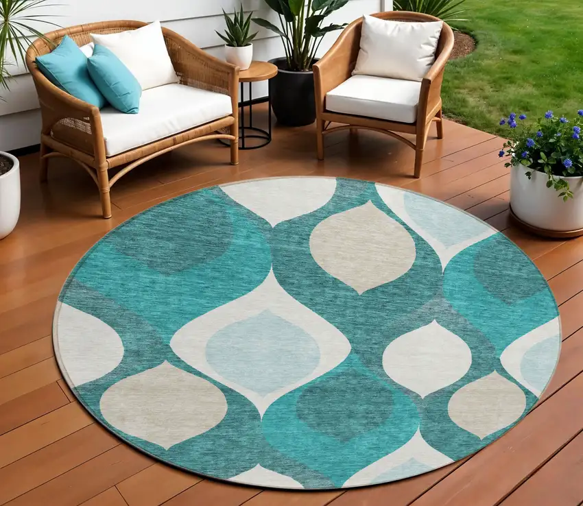 8' Teal Blue Sky Blue And Ivory Round Ogee Washable Indoor Outdoor Area Rug Photo 1