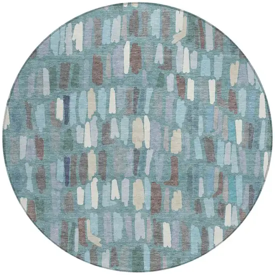 8' Teal Blue Taupe And Beige Round Striped Washable Indoor Outdoor Area Rug Photo 2