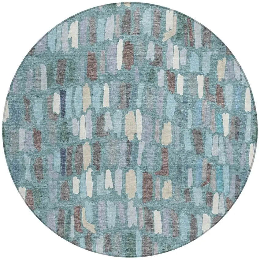 8' Teal Blue Taupe And Beige Round Striped Washable Indoor Outdoor Area Rug Photo 2