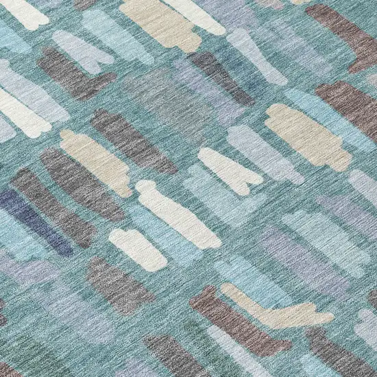 8' Teal Blue Taupe And Beige Round Striped Washable Indoor Outdoor Area Rug Photo 9