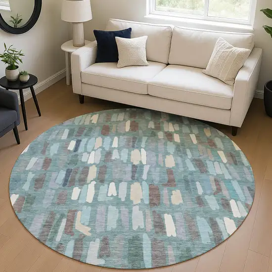 8' Teal Blue Taupe And Beige Round Striped Washable Indoor Outdoor Area Rug Photo 5