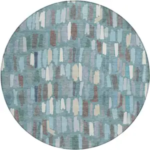 Photo of 8' Teal Blue Taupe And Beige Round Striped Washable Indoor Outdoor Area Rug