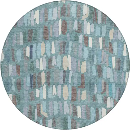 8' Teal Blue Taupe And Beige Round Striped Washable Indoor Outdoor Area Rug Photo 1