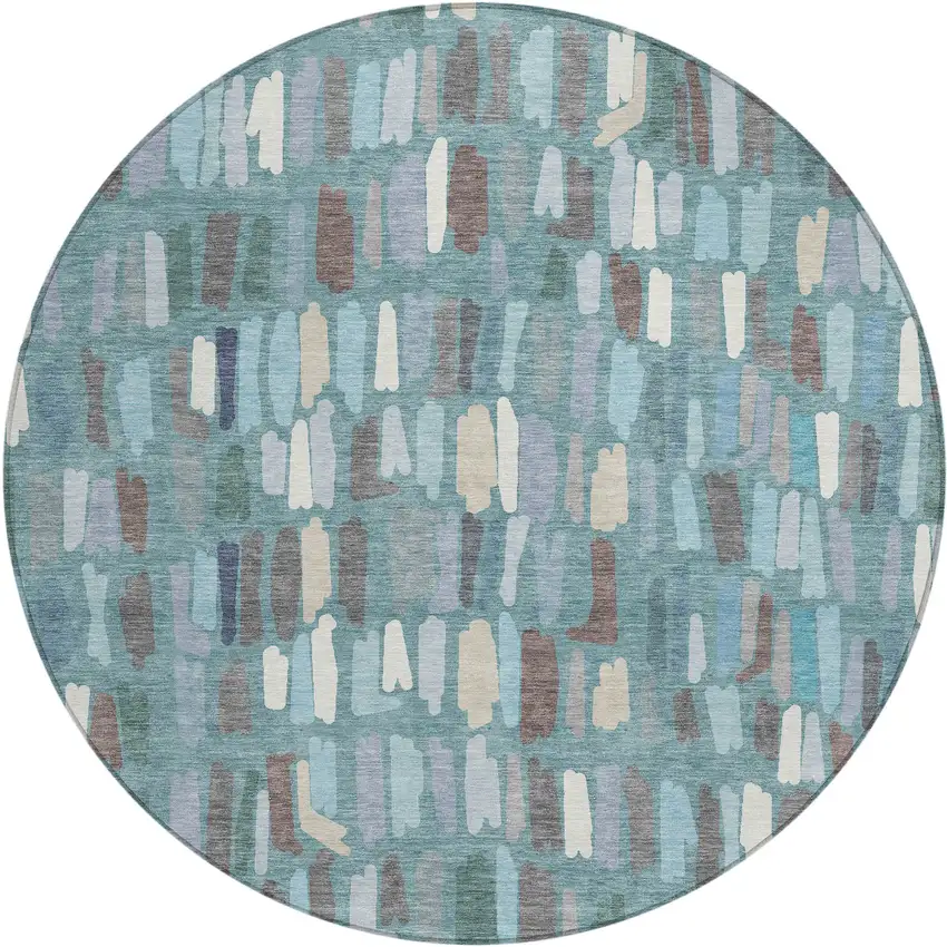 8' Teal Blue Taupe And Beige Round Striped Washable Indoor Outdoor Area Rug Photo 1