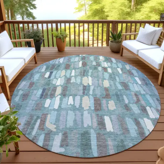 8' Teal Blue Taupe And Beige Round Striped Washable Indoor Outdoor Area Rug Photo 4