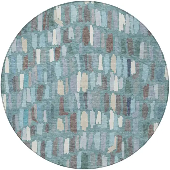 8' Teal Blue Taupe And Beige Round Striped Washable Indoor Outdoor Area Rug Photo 3