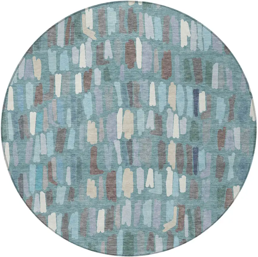 8' Teal Blue Taupe And Beige Round Striped Washable Indoor Outdoor Area Rug Photo 3