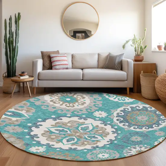 8' Teal Blue Taupe And Gray Round Floral Medallion Washable Indoor Outdoor Area Rug Photo 8