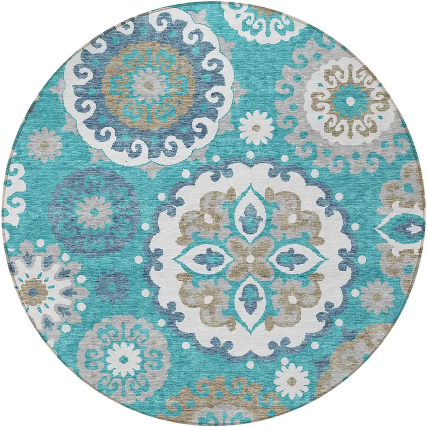 8' Teal Blue Taupe And Gray Round Floral Medallion Washable Indoor Outdoor Area Rug Photo 6