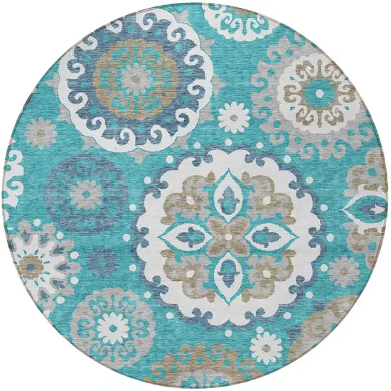 8' Teal Blue Taupe And Gray Round Floral Medallion Washable Indoor Outdoor Area Rug Photo 6