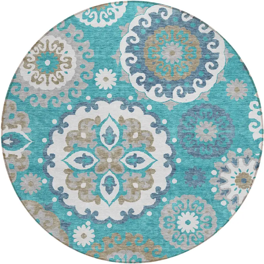 8' Teal Blue Taupe And Gray Round Floral Medallion Washable Indoor Outdoor Area Rug Photo 1