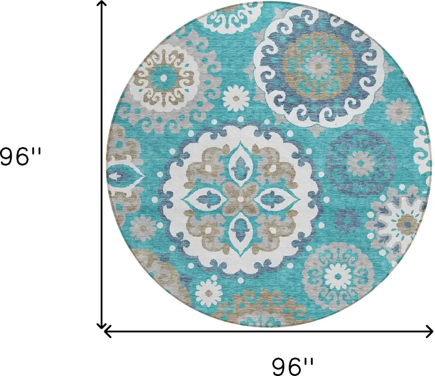 8' Teal Blue Taupe And Gray Round Floral Medallion Washable Indoor Outdoor Area Rug Photo 9