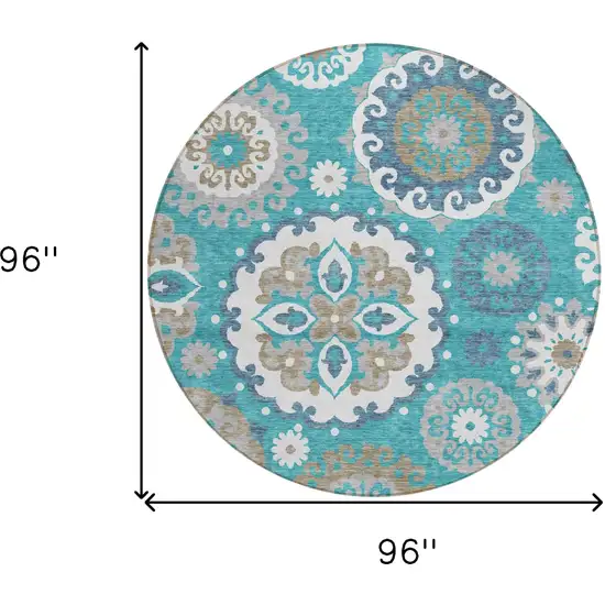 8' Teal Blue Taupe And Gray Round Floral Medallion Washable Indoor Outdoor Area Rug Photo 9