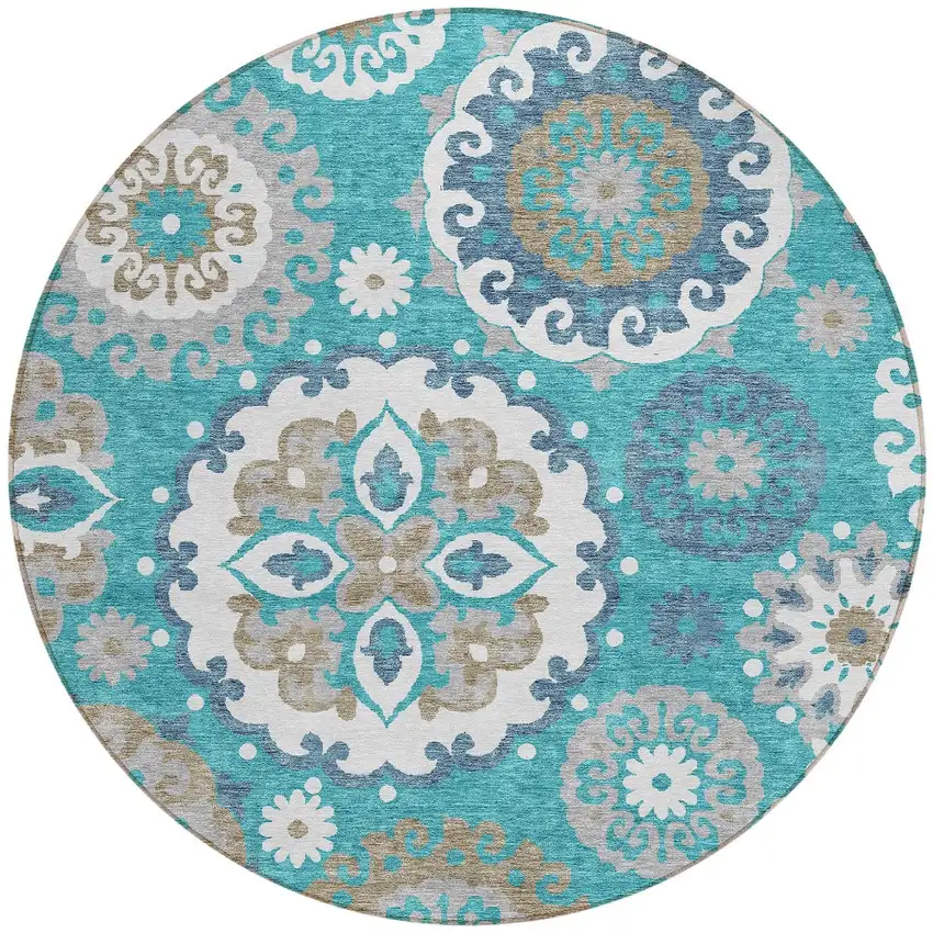 8' Teal Blue Taupe And Gray Round Floral Medallion Washable Indoor Outdoor Area Rug Photo 5