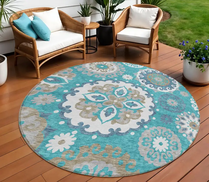 8' Teal Blue Taupe And Gray Round Floral Medallion Washable Indoor Outdoor Area Rug Photo 1