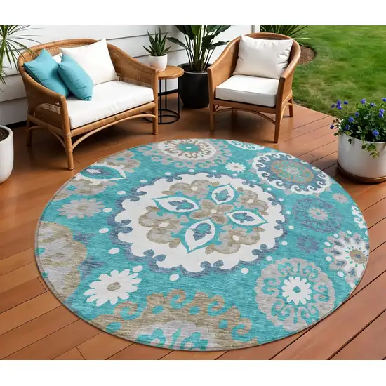 8' Teal Blue Taupe And Gray Round Floral Medallion Washable Indoor Outdoor Area Rug Photo 1