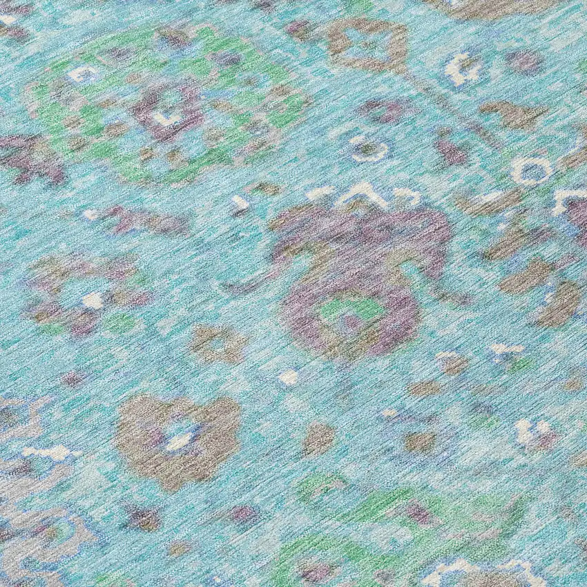 8' Teal Blue Taupe And Ivory Round Floral Washable Indoor Outdoor Area Rug Photo 8