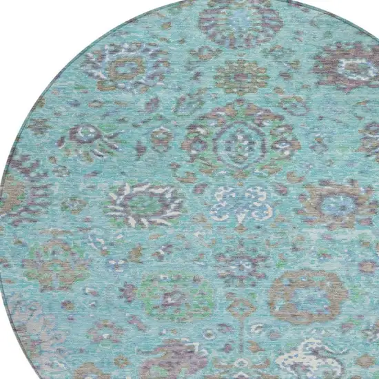 8' Teal Blue Taupe And Ivory Round Floral Washable Indoor Outdoor Area Rug Photo 9