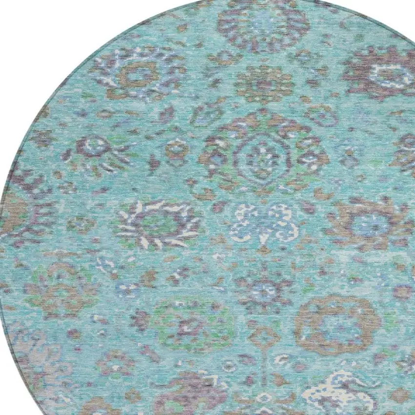 8' Teal Blue Taupe And Ivory Round Floral Washable Indoor Outdoor Area Rug Photo 9