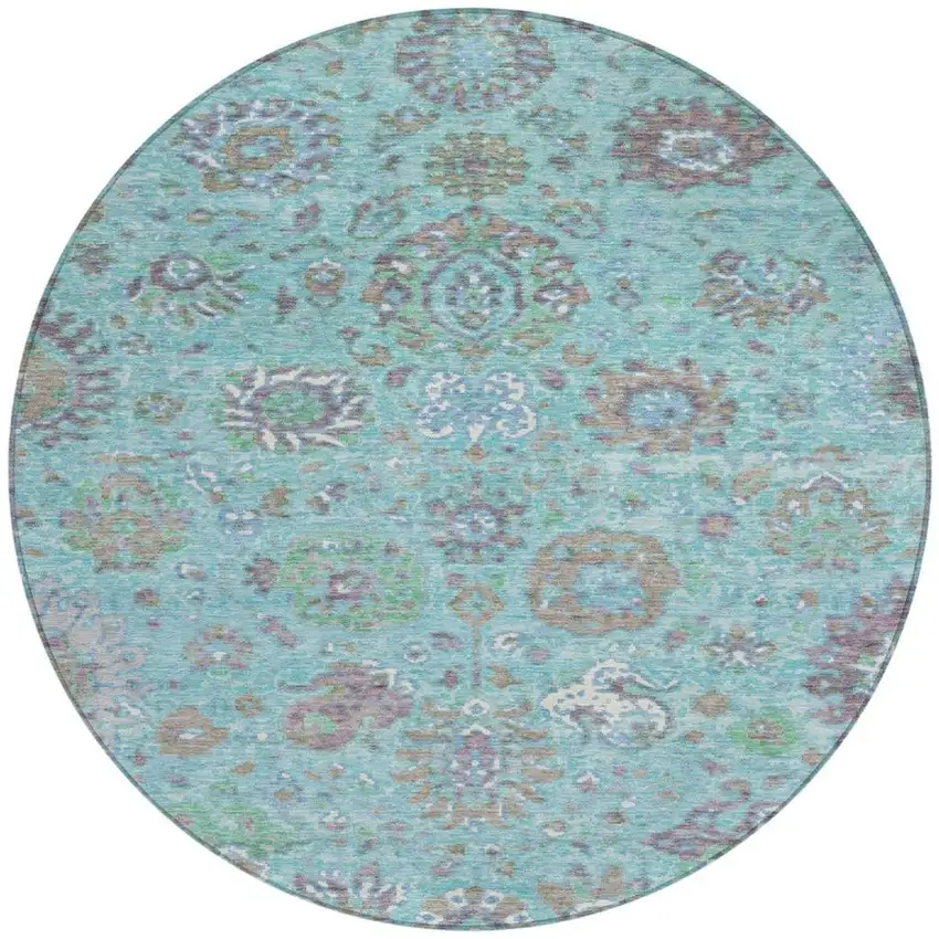 8' Teal Blue Taupe And Ivory Round Floral Washable Indoor Outdoor Area Rug Photo 3