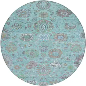 Photo of 8' Teal Blue Taupe And Ivory Round Floral Washable Indoor Outdoor Area Rug