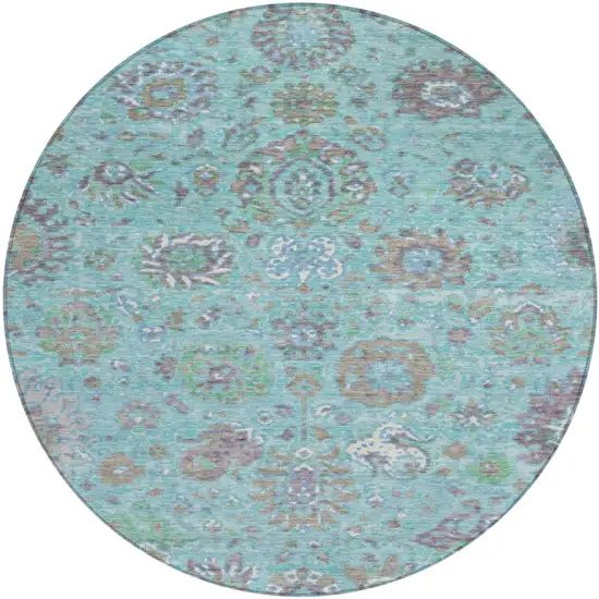 8' Teal Blue Taupe And Ivory Round Floral Washable Indoor Outdoor Area Rug Photo 1