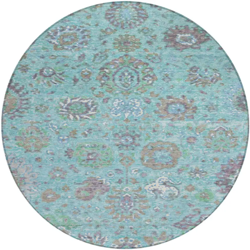 8' Teal Blue Taupe And Ivory Round Floral Washable Indoor Outdoor Area Rug Photo 1