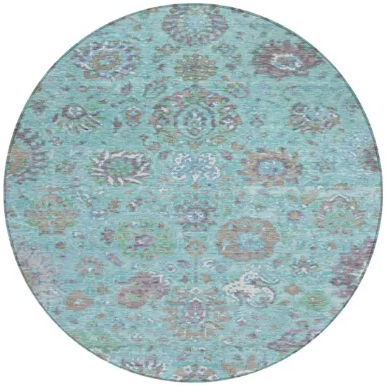 8' Teal Blue Taupe And Ivory Round Floral Washable Indoor Outdoor Area Rug Photo 4