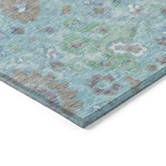 8' Teal Blue Taupe And Ivory Round Floral Washable Indoor Outdoor Area Rug Photo 7