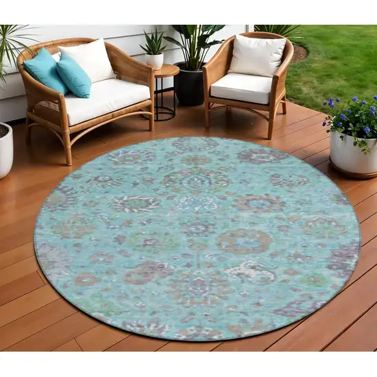 8' Teal Blue Taupe And Ivory Round Floral Washable Indoor Outdoor Area Rug Photo 2