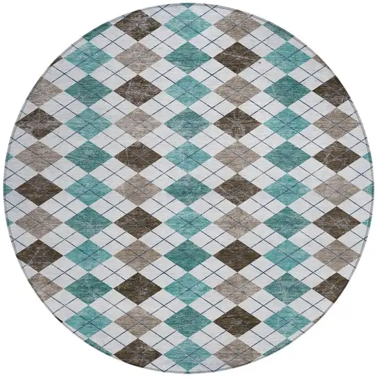 8' Teal Blue Taupe And Ivory Round Geometric Washable Indoor Outdoor Area Rug Photo 4