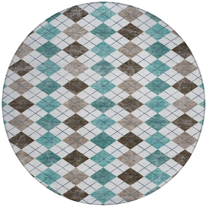 8' Teal Blue Taupe And Ivory Round Geometric Washable Indoor Outdoor Area Rug Photo 4