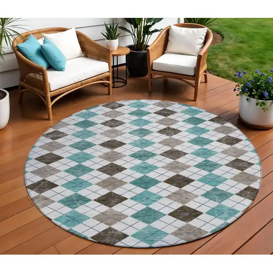 8' Teal Blue Taupe And Ivory Round Geometric Washable Indoor Outdoor Area Rug Photo 1