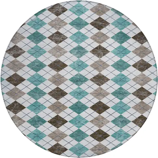 8' Teal Blue Taupe And Ivory Round Geometric Washable Indoor Outdoor Area Rug Photo 2