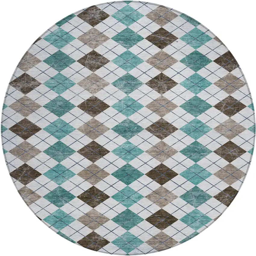 8' Teal Blue Taupe And Ivory Round Geometric Washable Indoor Outdoor Area Rug Photo 2