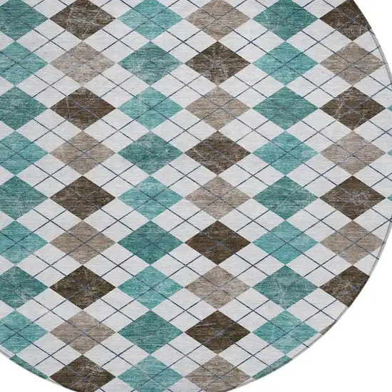 8' Teal Blue Taupe And Ivory Round Geometric Washable Indoor Outdoor Area Rug Photo 6