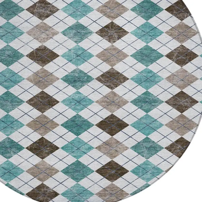 8' Teal Blue Taupe And Ivory Round Geometric Washable Indoor Outdoor Area Rug Photo 6