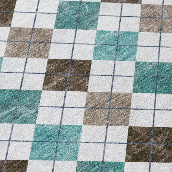 8' Teal Blue Taupe And Ivory Round Geometric Washable Indoor Outdoor Area Rug Photo 7